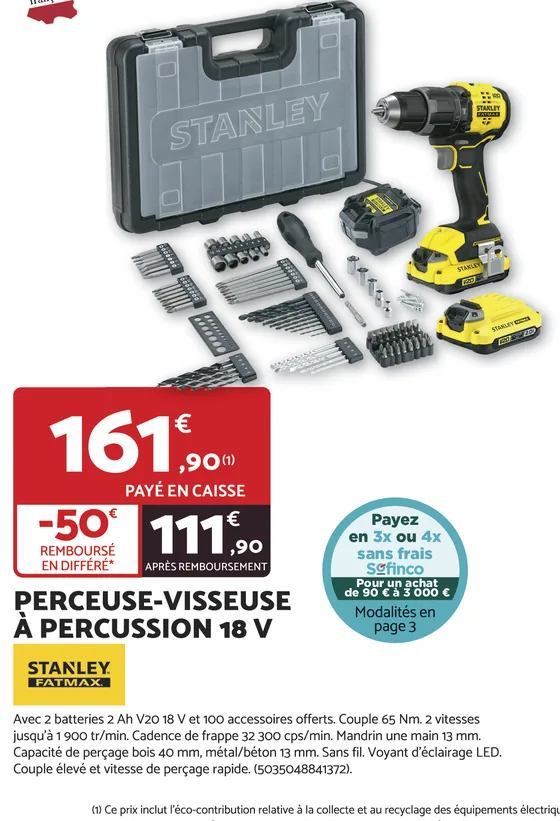 Perceuse-visseuse à percussion Stanley Fatmax avec remboursement différé