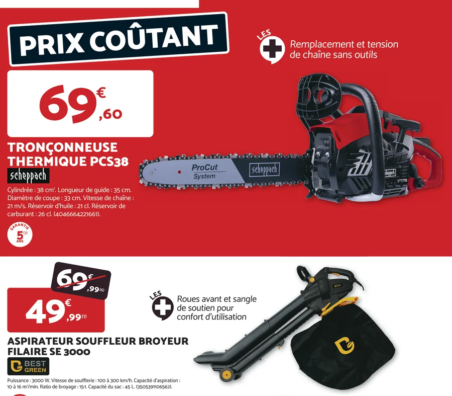 Tronçonneuse thermique Scheppach et aspirateur souffleur en promotion chez Bricomarché