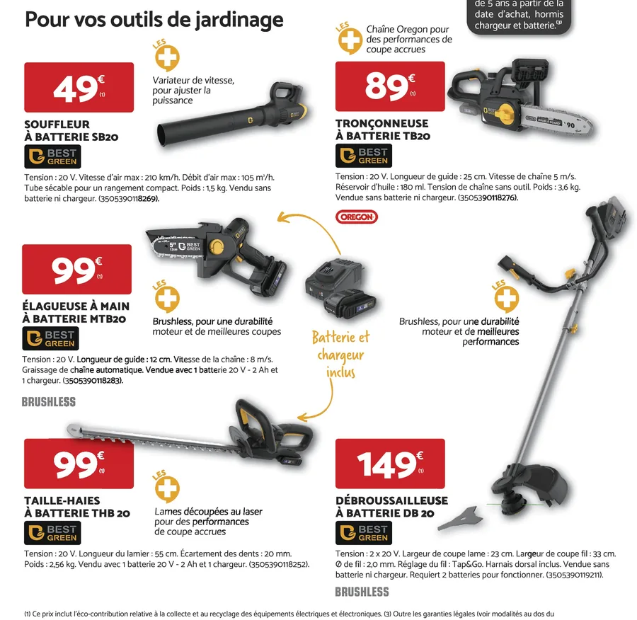 Outils à batterie Bestgreen 20 V : souffleur, tronçonneuse, élagueuse, taille-haies, débroussailleuse
