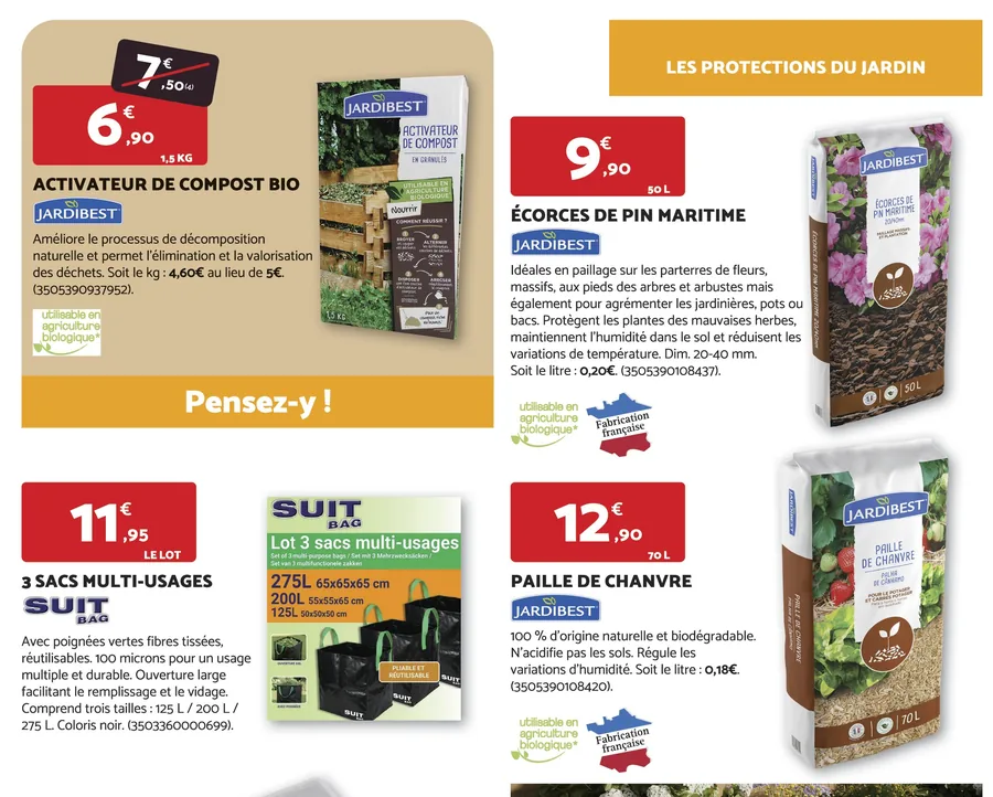 Paillage, écorces de pin, paille de chanvre et activateur de compost Bricomarché