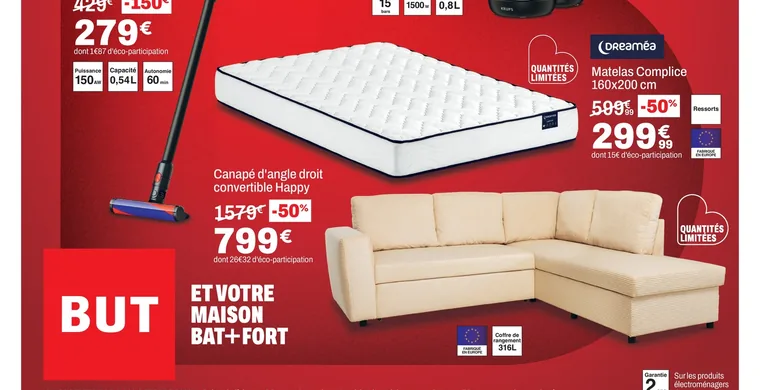 Matelas Complice et canapé d'angle Happy en promotion chez But