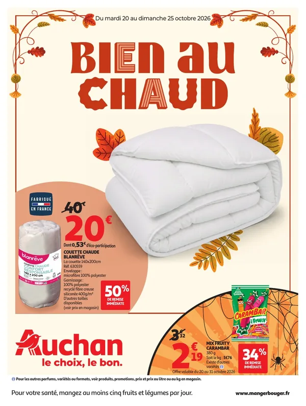 Catalogue Auchan du 20 au 25 octobre 2026 : couette à 20 €, Haribo en 2+1 et le frais des Halles au kilo