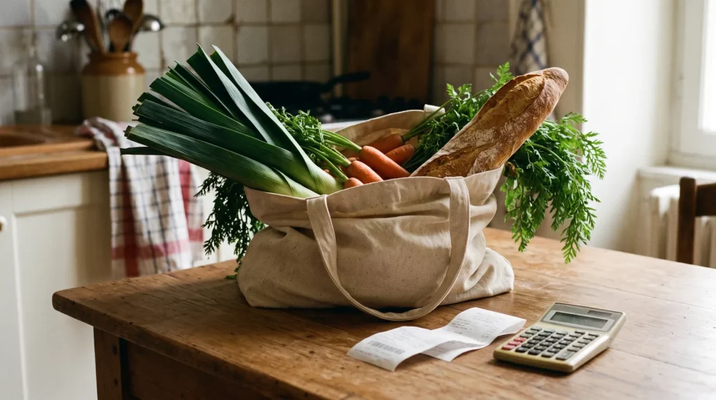 Sac de courses en toile avec légumes, tickets de caisse et calculatrice