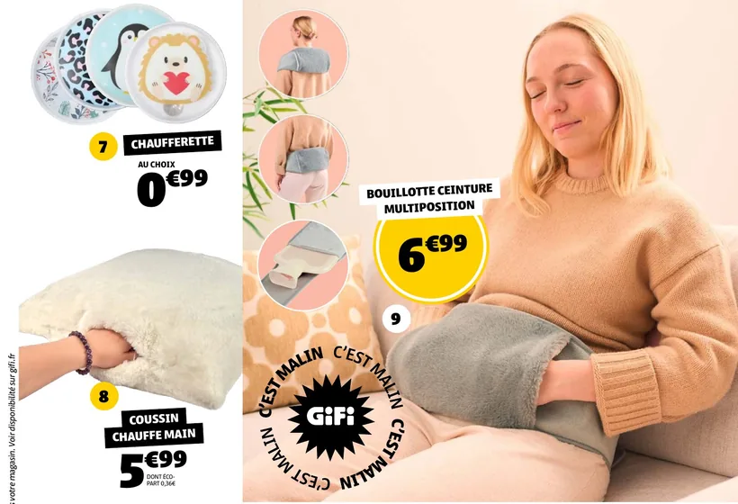 Bouillotte ceinture, coussin chauffe-main et chaufferette dans le catalogue Gifi