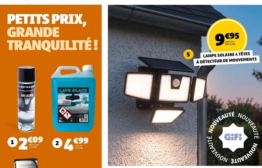Bombe anti-givre, lave-glace et lampe solaire à détecteur chez Gifi