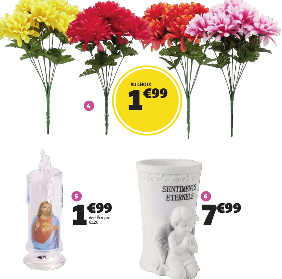 Collection Toussaint Gifi : piquets de chrysanthèmes, bougie et vase funéraires