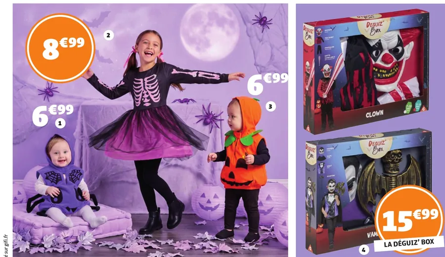 Déguisements enfant Halloween Gifi : bébé araignée, squelette, citrouille et Déguiz box