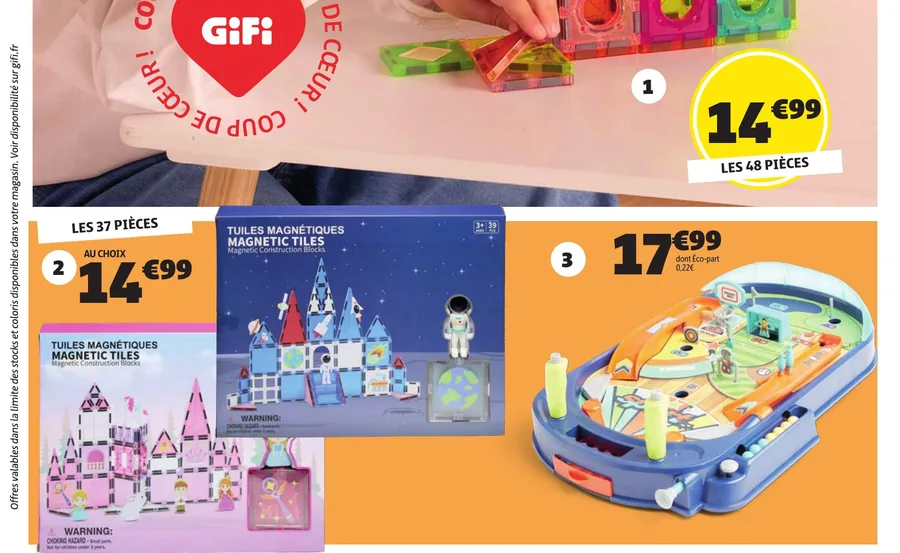 Tuiles magnétiques Gifi 48 et 37 pièces et mini flipper