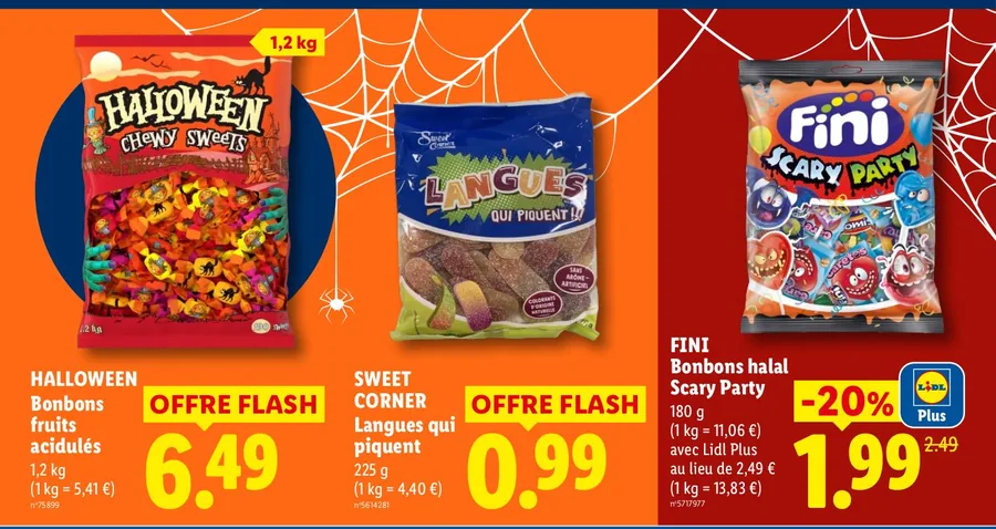 Bonbons Halloween fruits acidulés 1,2 kg, Langues qui piquent et Fini Scary Party chez Lidl