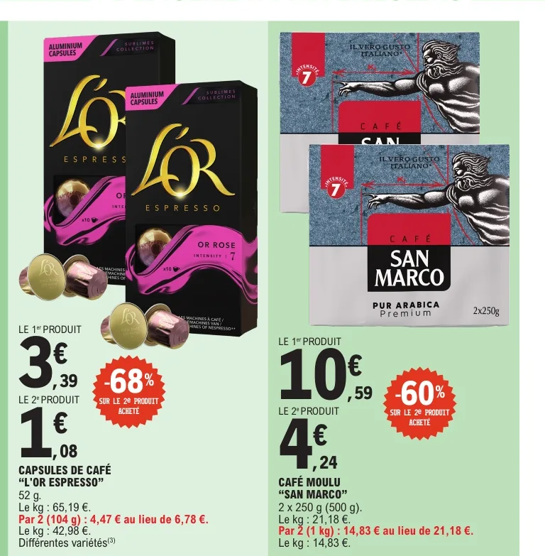 Capsules L'Or Espresso et café moulu San Marco en promotion chez E.Leclerc