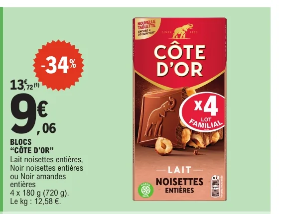 Tablettes Côte d'Or lait noisettes en lot de quatre à prix réduit