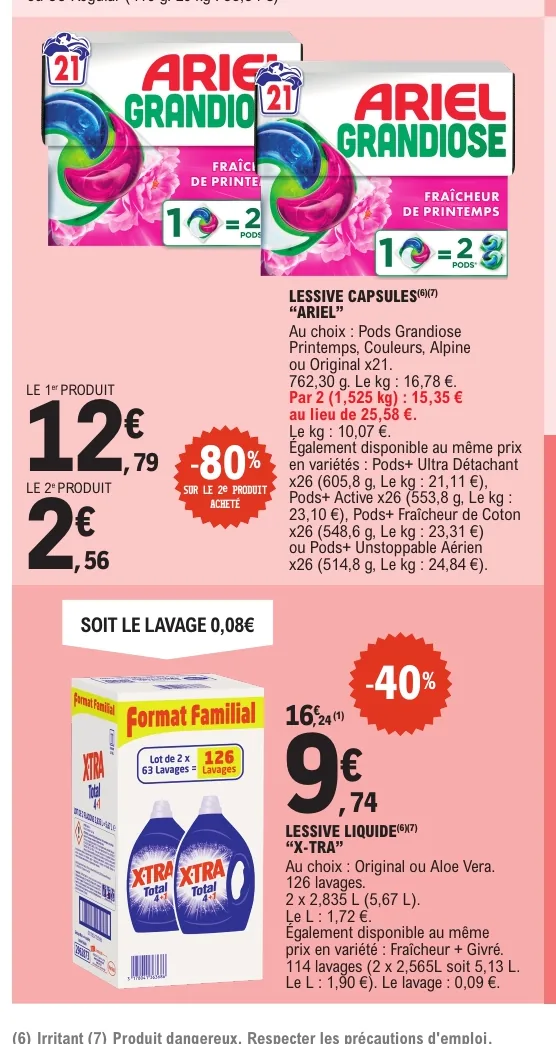 Lessives Ariel et X-Tra en promotion dans le catalogue E.Leclerc