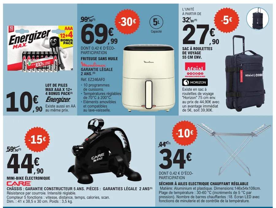 Friteuse sans huile Moulinex, mini-bike et séchoir chauffant en promotion