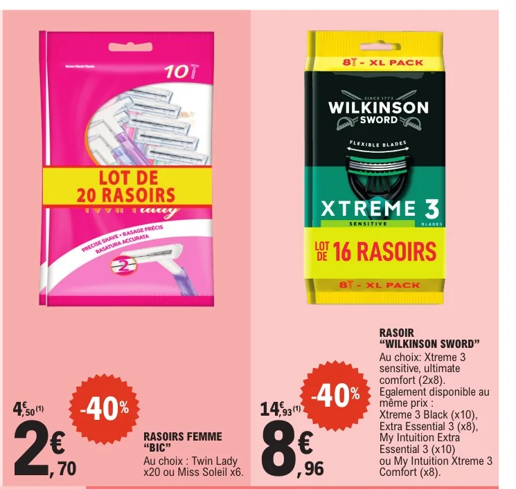 Rasoirs BIC et Wilkinson à -40 % chez E.Leclerc