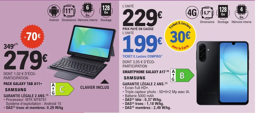 Tablette Samsung Galaxy Tab A11+ et smartphone Galaxy A17 en promotion