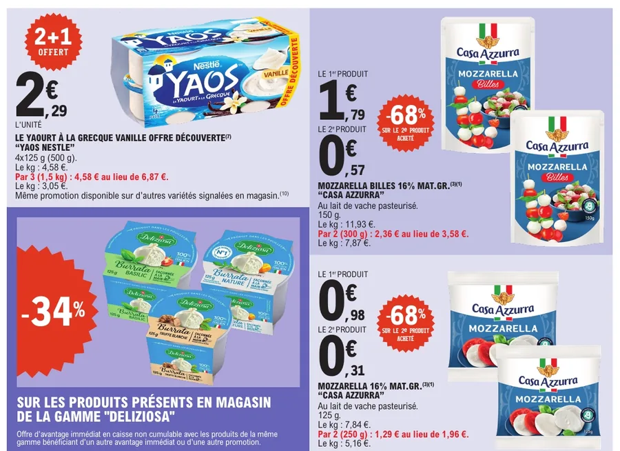 Yaourts Yaos et mozzarella Casa Azzurra en promotion chez E.Leclerc