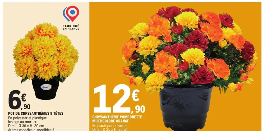 Chrysanthèmes artificiels pour la Toussaint chez E.Leclerc
