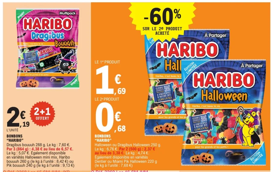 Bonbons Haribo Dragibus et Haribo Halloween en promotion chez E.Leclerc