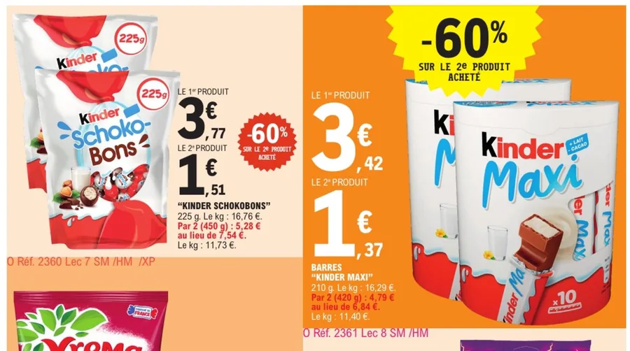 Kinder Schokobons et barres Kinder Maxi à -60 % sur le deuxième