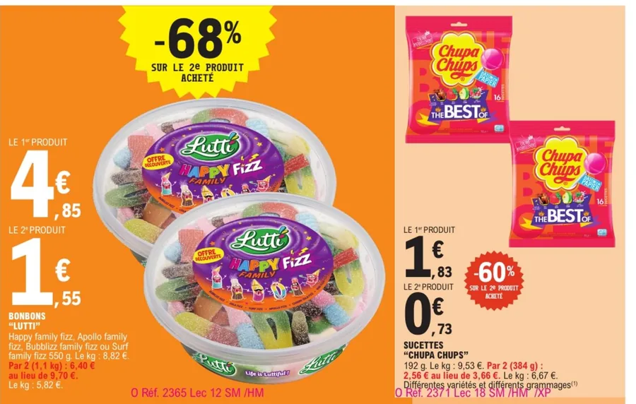 Bonbons Lutti Happy Fizz et sucettes Chupa Chups en promotion chez E.Leclerc