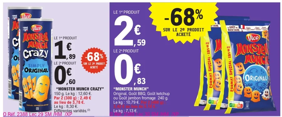 Monster Munch à -68 % sur le deuxième paquet chez E.Leclerc