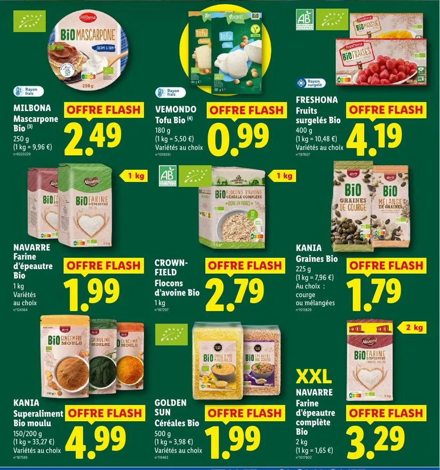 Offres flash sur les produits bio : mascarpone, tofu, farine d'épeautre, flocons d'avoine