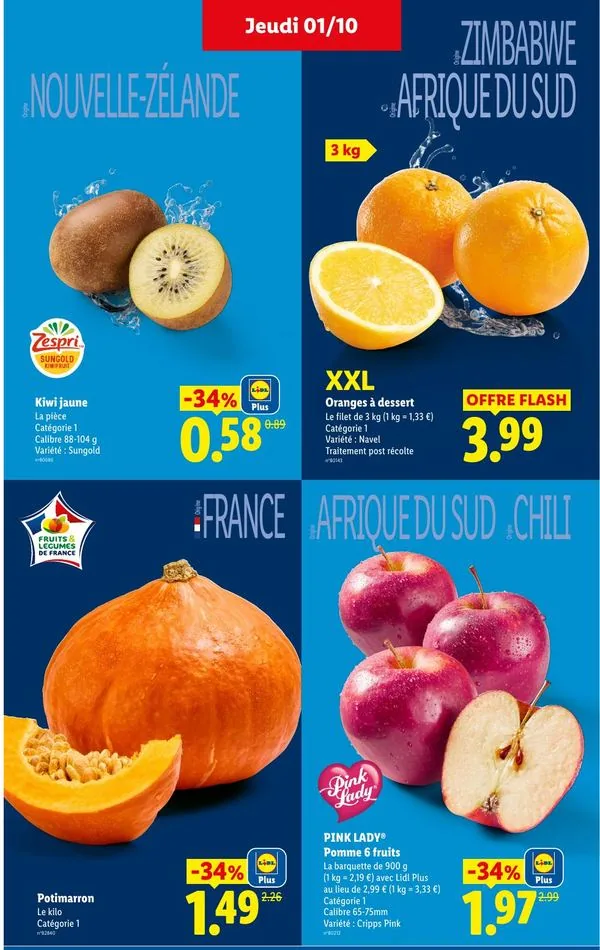 Kiwi jaune, oranges à dessert, potimarron et pommes Pink Lady en promotion