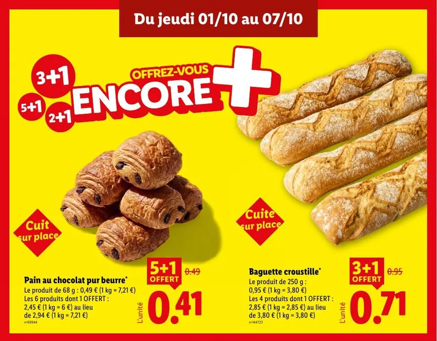 Pains au chocolat 5+1 et baguettes croustilles 3+1 offerts