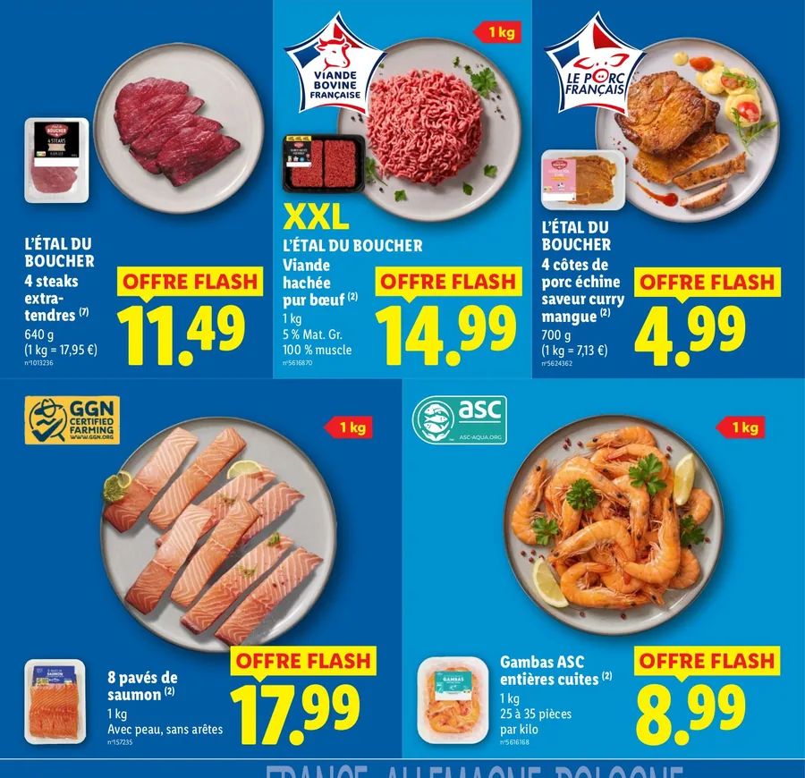 Offres flash boucherie et poissonnerie : steaks, viande hachée, côtes de porc, saumon et gambas