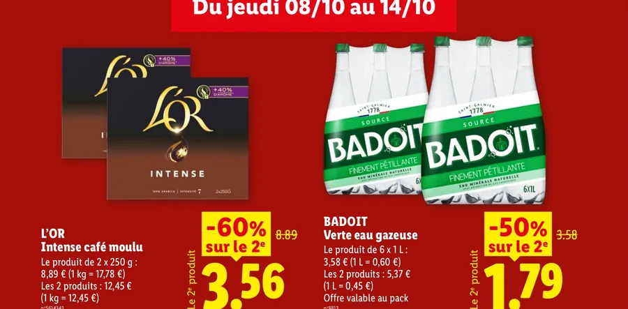 Café L'Or Intense moulu et eau gazeuse Badoit avec remise sur le 2e produit