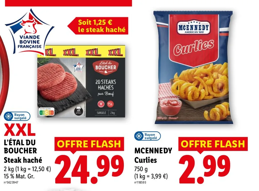 Sac de 20 steaks hachés surgelés et curlies McEnnedy en offre flash