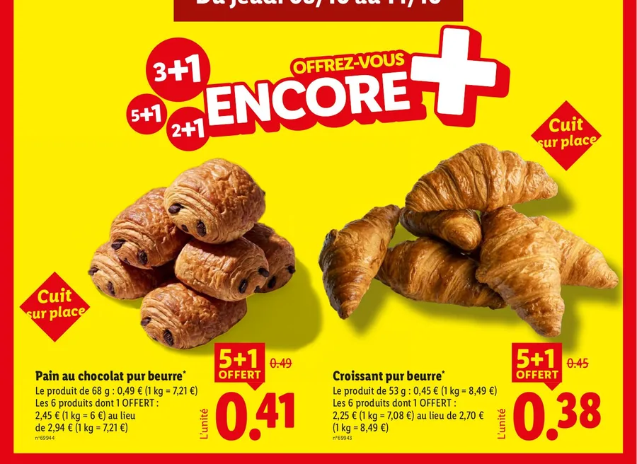Pains au chocolat et croissants pur beurre en 5+1 offert