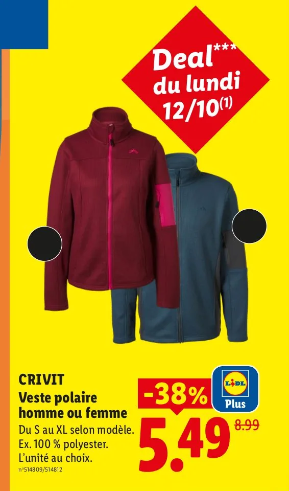 Veste polaire Crivit à 5,49 € avec Lidl Plus