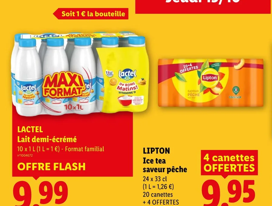 Lait demi-écrémé Lactel 10 x 1 L et ice tea Lipton