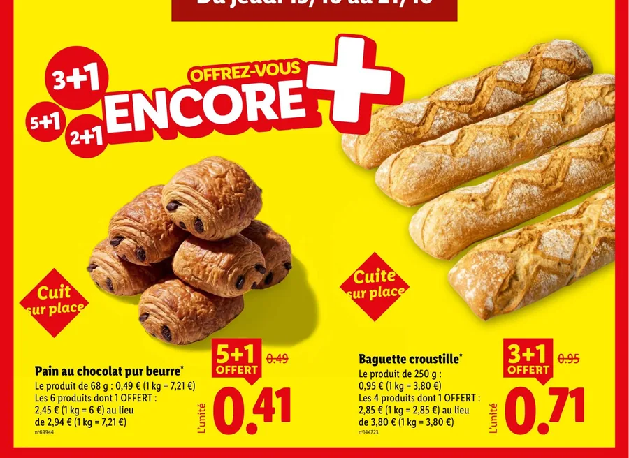 Pains au chocolat 5+1 et baguettes croustilles 3+1 offerts