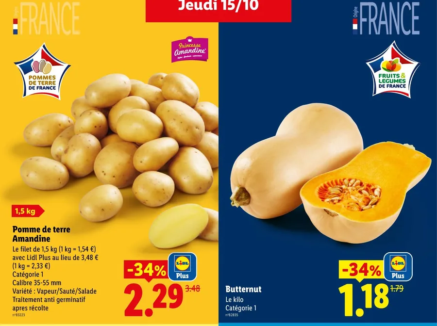 Pommes de terre Amandine et butternut à -34 % avec Lidl Plus