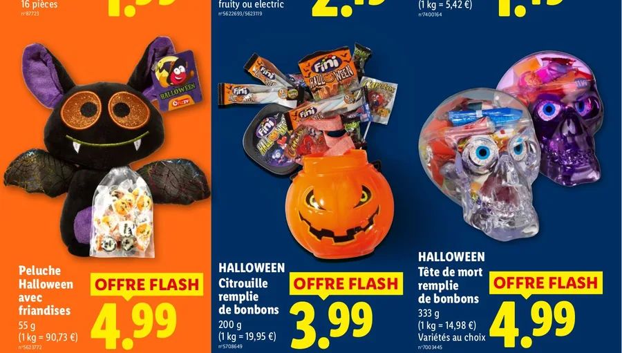 Peluche, citrouille et tête de mort remplies de bonbons d'Halloween chez Lidl