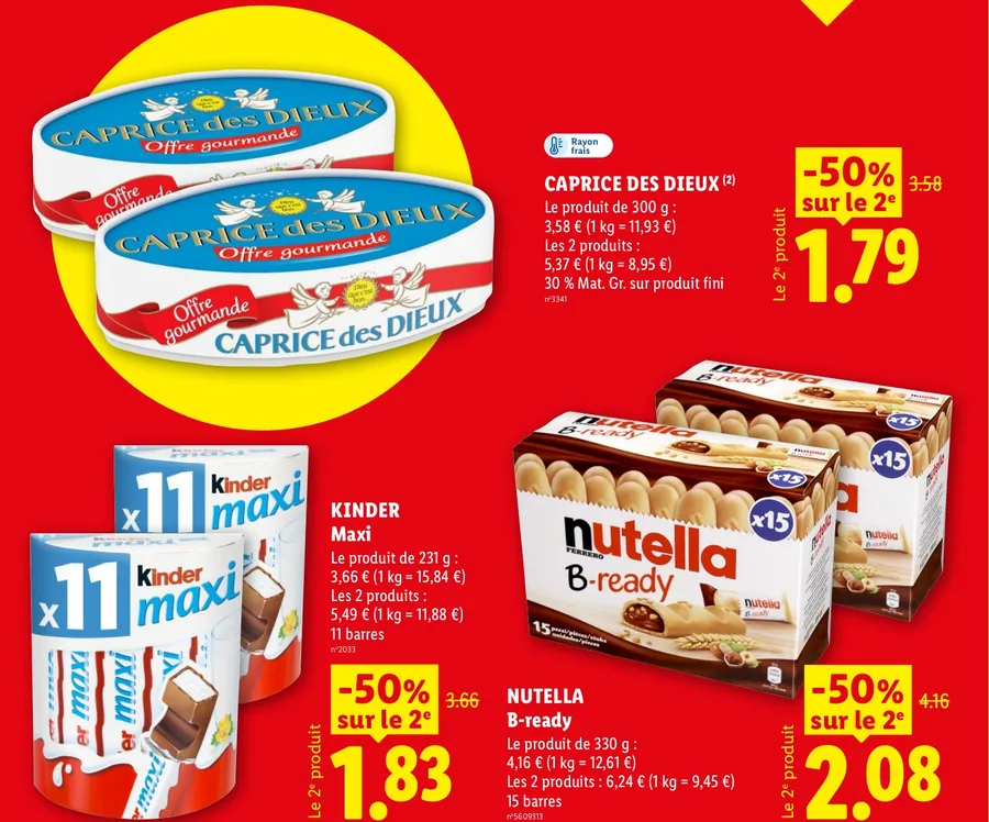 Caprice des Dieux, Kinder Maxi et Nutella B-ready avec le deuxième à moitié prix chez Lidl