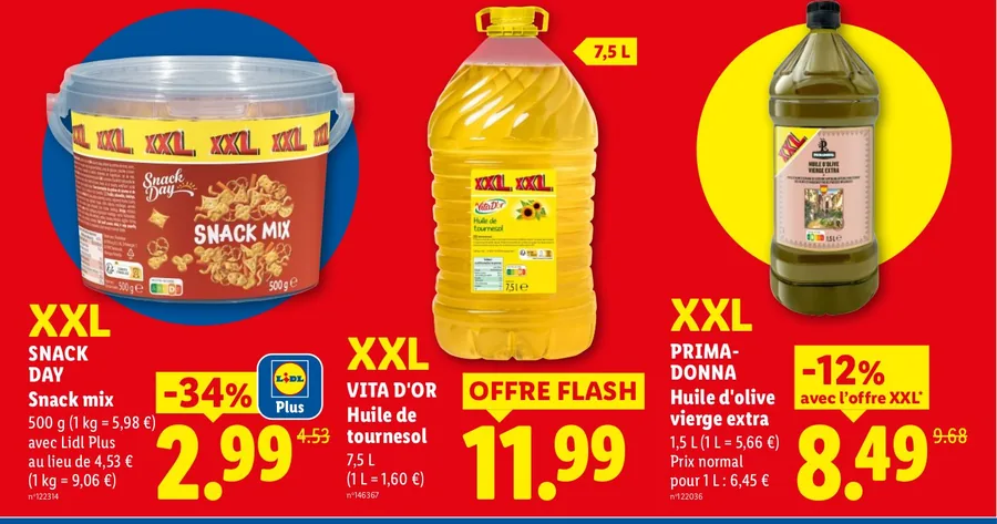 Snack mix, huile de tournesol 7,5 L et huile d'olive 1,5 L en format XXL chez Lidl