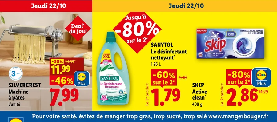 Machine à pâtes Silvercrest, désinfectant Sanytol et capsules Skip en promotion chez Lidl