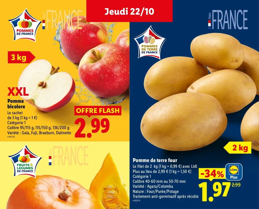 Pommes bicolores en sachet de 3 kg et pommes de terre four en promotion chez Lidl