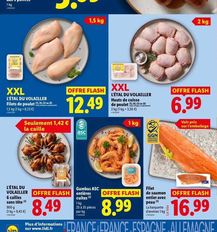 Filets et hauts de cuisse de poulet, cailles, gambas et saumon en offre flash chez Lidl