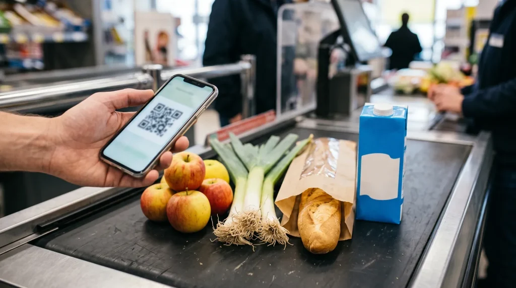 Client présentant le QR code de son application de fidélité sur smartphone en caisse de supermarché