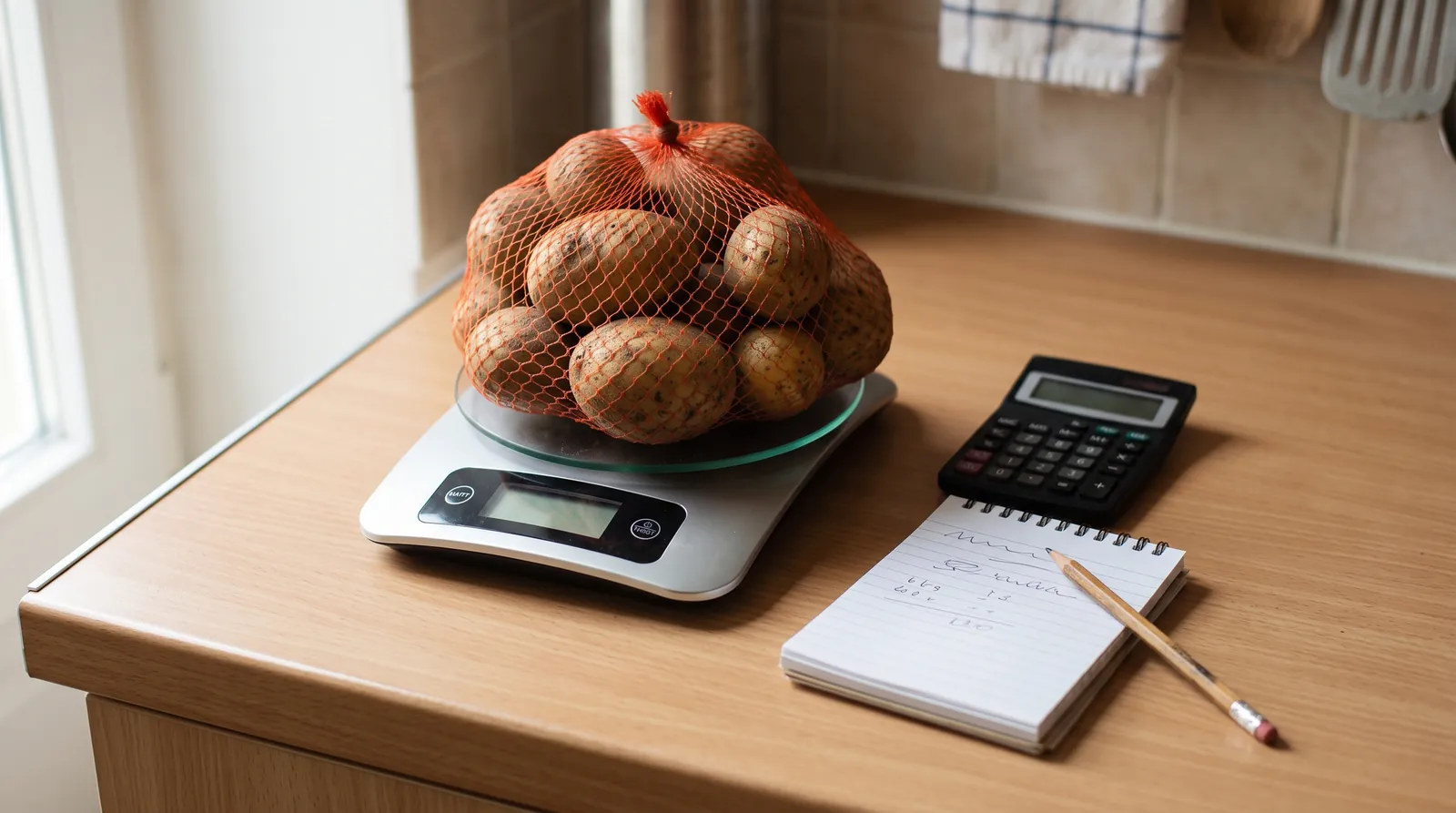Balance de cuisine avec un filet de pommes de terre, calculatrice et carnet