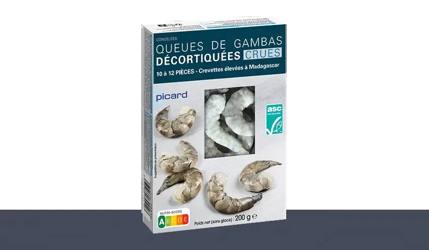 Boîte de queues de gambas crues décortiquées ASC Picard