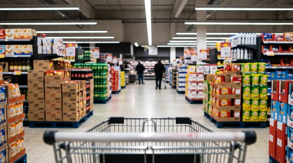 Allée de supermarché et têtes de gondole